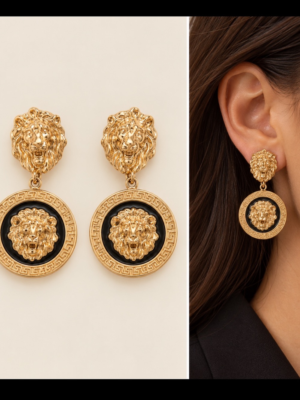Gold Lion Medallion Drop Earrings - Fashion earrings NEW